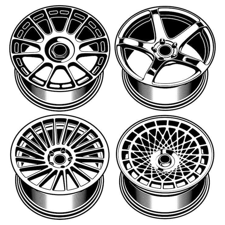 Vector sets of car wheels rims line art silhouette illustration for conceptual design