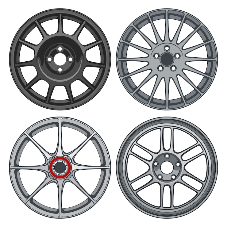Vector 概念設計のための車のホイールリムラインアートシルエットイラストのセット