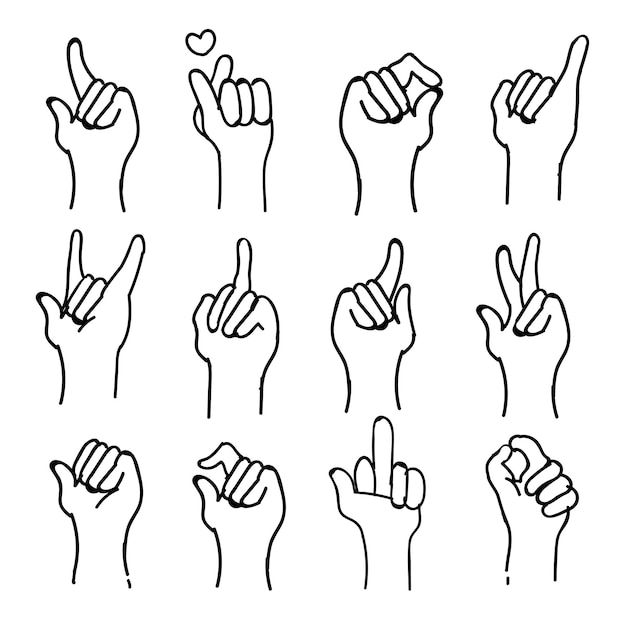 Set di raccolta di scarabocchi a tema per la lingua dei segni in sfondo bianco isolato, illustrazione vettoriale