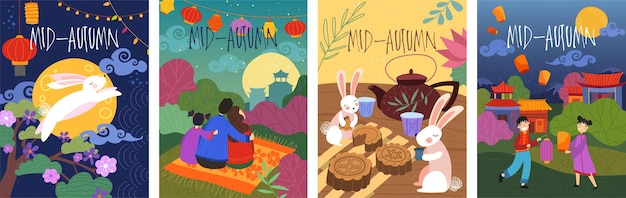 Set di quattro poster di metà autunno colorati dei cartoni animati raffiguranti un coniglio che salta, coniglietti, parte del tè...