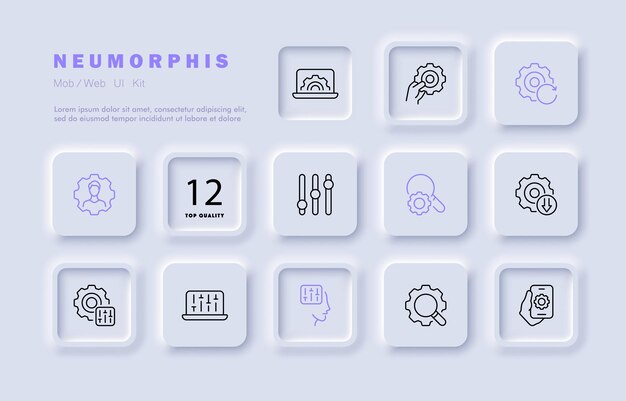 Настройка значка линии Настройка шестеренки Работник обучения насосу конфигурации вашего мозга Ползунок лупы Ассоциация каталогов Инфографическая концепция Стиль неоморфизма Значок векторной линии для бизнеса