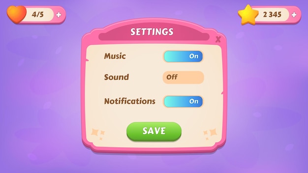 Settings GUI Kit casual assets for a game mobile a set of user interface elements and popups for the game interface