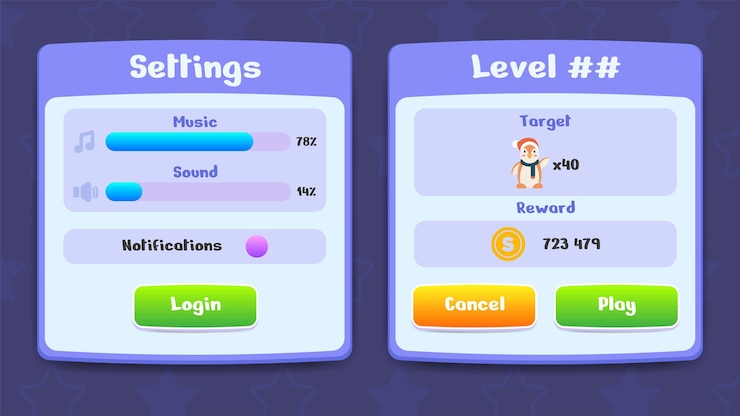 Vector settings and level menu with buttons and icons of user interface gui video games