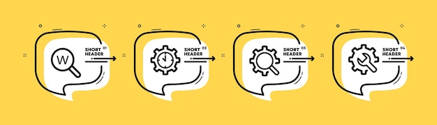 Значок набора настроек настройка конфигураций поиска времени лупа передач поиск в интернете онлайн-концепция инфографическая временная шкала со значками и 4 шага значок векторной линии для бизнеса и рекламы