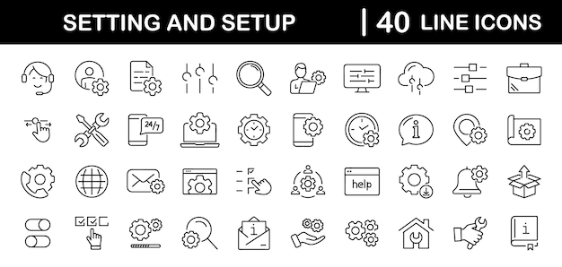 Vettore impostazioni e configurazione set di icone web in stile linea impostazione icone per web e mobile app impostazioni installazione manutenzione aggiornamento download opzioni di configurazione controllo illustrazione vettoriale