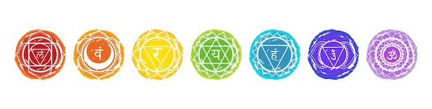 Seven chakras symbols on white background used in a variety of ancient meditation practices.