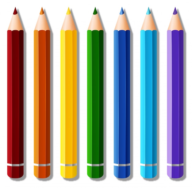 Seven color pencils on white background