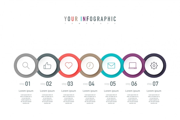 일곱 가지 다채로운 요소, 얇은 선 그림, 포인터 및 텍스트. 7 단계 연속 Infographic 컨셉 디자인.