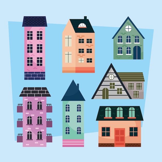 Seven houses facades icons