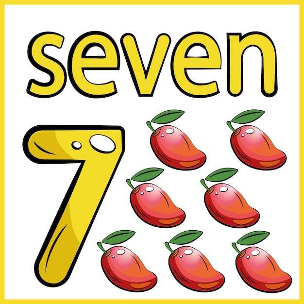 Vector seven mangoes  color card the child learns math counts the number of fruits