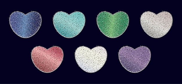 Seven multi-colored hearts with a sparkling effect of precious and semi-precious stones