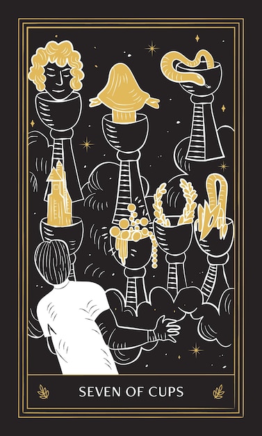 Seven of Cups Tarotkaart in kleine Arcana met zwart goud en wit handgetekende vector doodle stijl
