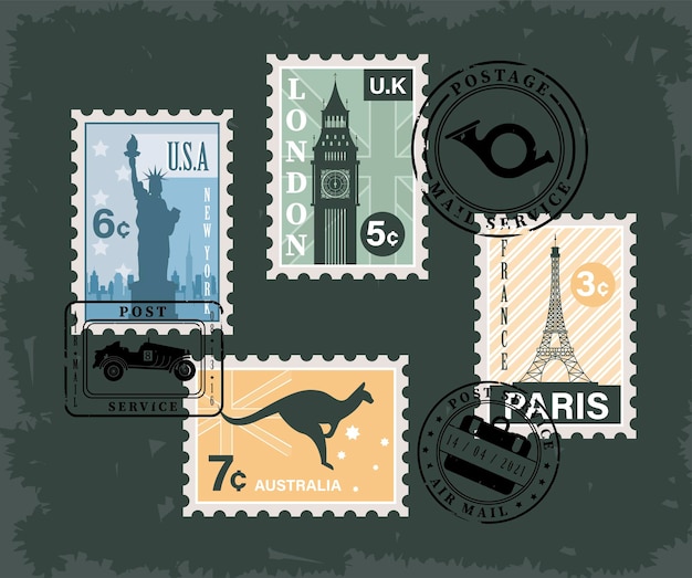 Vector seven postage stamps