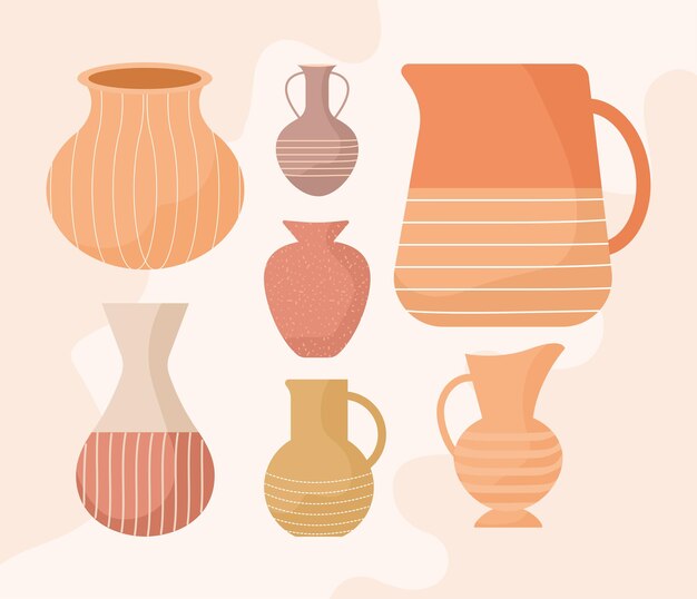 Seven pottery jars