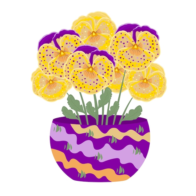 Vector seven yellow and violet pansies in a vase