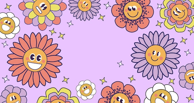 Seventies retro flower power background with hippie flowers international womens day 8th march day mothers day colorful pastel illustration in 70s 60s vintage style