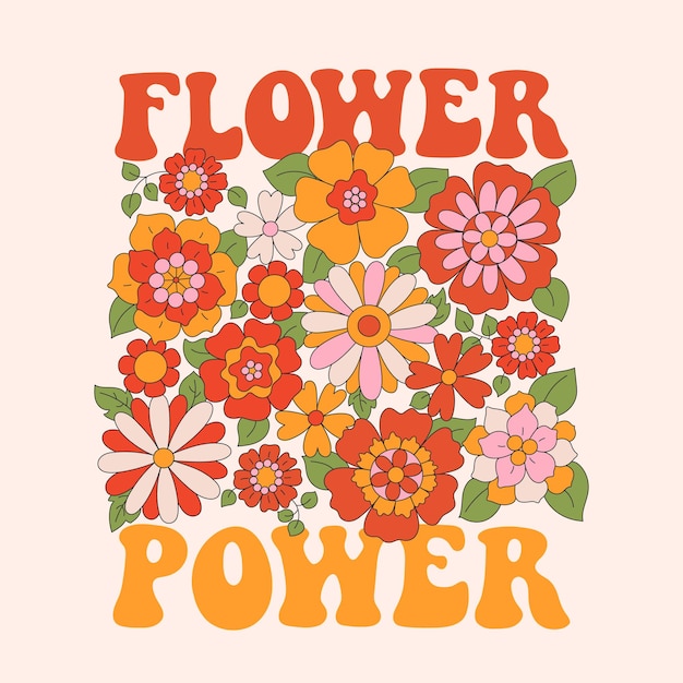 ベクトル ビンテージ スタイルのヒッピーの花ヒナギクと 70 年代のレトロなスローガン フラワー パワー
