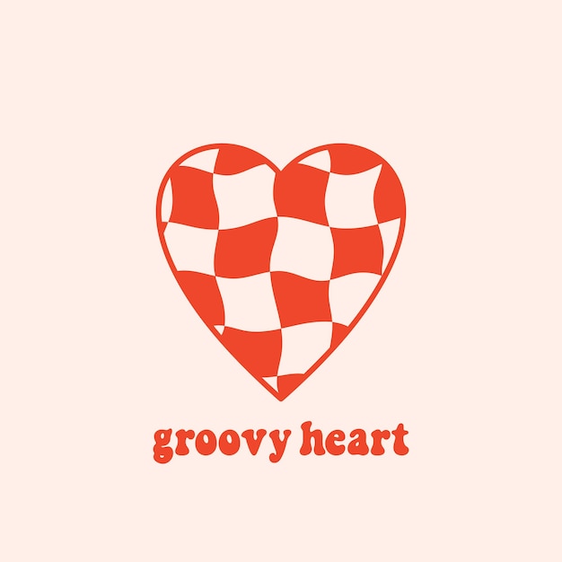 벡터 빈티지 스타일의 왜곡된 체크 무늬 하트가 있는 70년대 복고풍 슬로건 groovy heart