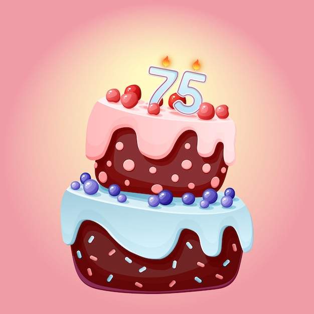 Seventy five years birthday cake with candles number 75 Cute cartoon festive vector image Chocolate biscuit with berries cherries and blueberries Happy Birthday illustration for parties