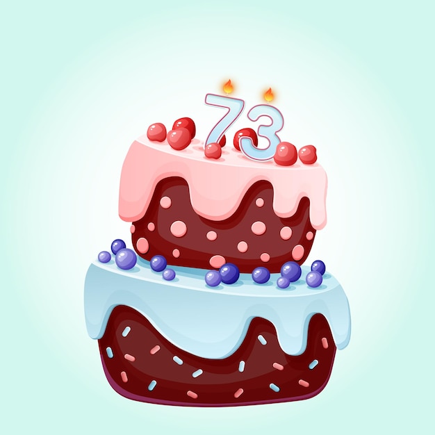 Seventy three years birthday cake with candles number 73 cute cartoon festive vector image chocolate biscuit with berries cherries and blueberries happy birthday illustration for parties