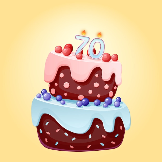Settant'anni torta di compleanno con le candele numero 70 immagine vettoriale festivo simpatico cartone animato biscotto al cioccolato con bacche, ciliegie e mirtilli buon compleanno illustrazione per feste