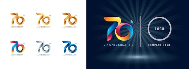 Logo dell'anniversario di celebrazione di settant'anni, lettere stilizzate di numero origami, logo di nastri di torsione