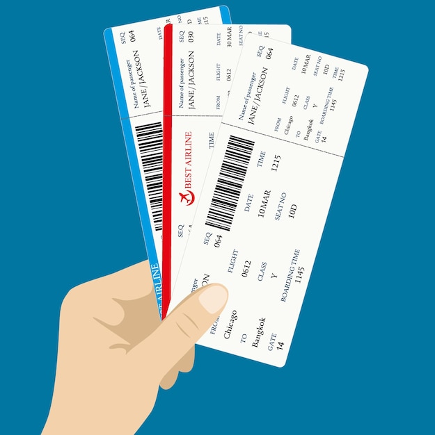 Several boarding passes tickets with QR2 code in hand flat design vector illustration
