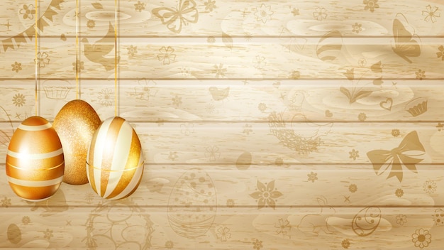 Vector several golden easter eggs hanging on background of wooden planks with holyday symbols