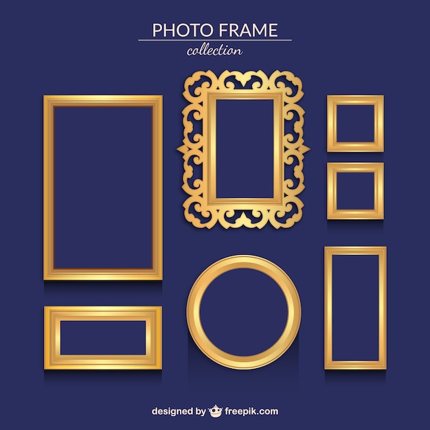 Several golden ornamental photo frames