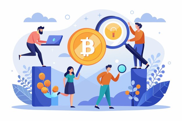 Vector several individuals inspect a bitcoin using a magnifying glass in a simple and minimalist setting bitcoin search people simple and minimalist flat vector illustration
