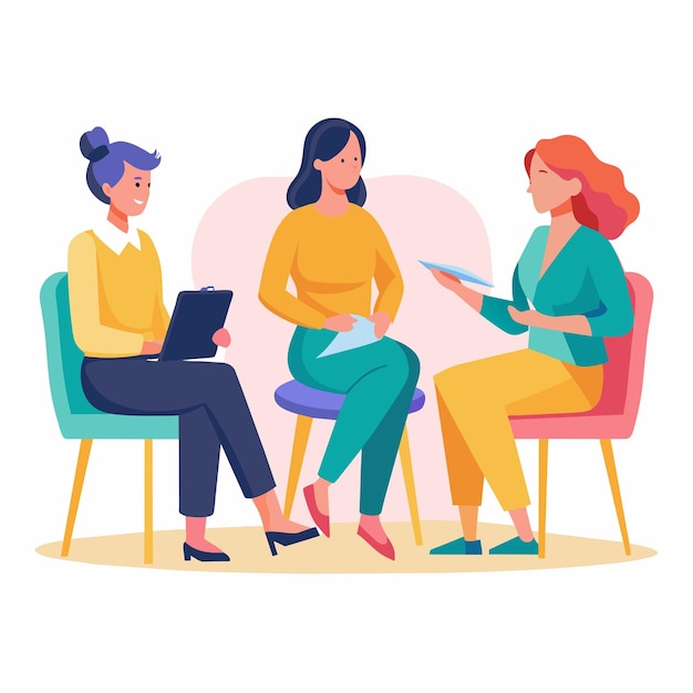 Vector several women seated at a table engaged in conversation women sit on chairs and discuss simple and minimalist flat vector illustration