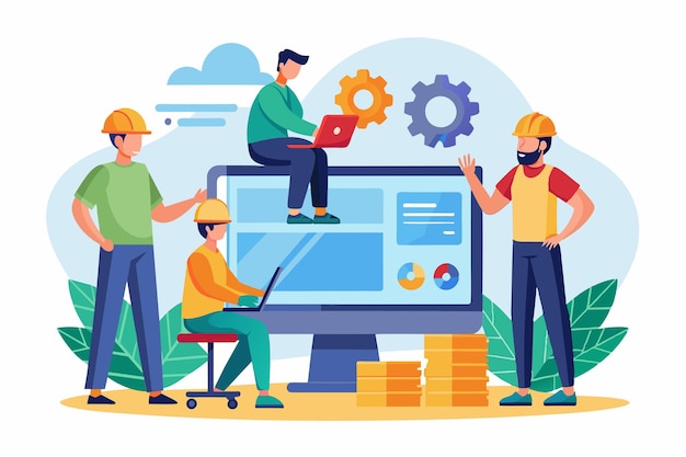 several workers are actively engaged in installing software and discussing tasks in a collaborative workspace workers are installing software