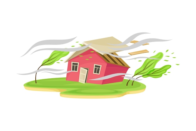 severe wind as natural cataclysm blowing carrying away house roof vector illustration