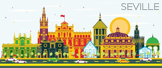 Горизонт Севильи с цветными зданиями и голубым небом. Векторные иллюстрации. Деловые поездки и концепция туризма с историческими зданиями. Изображение для презентационного баннера и веб-сайта.