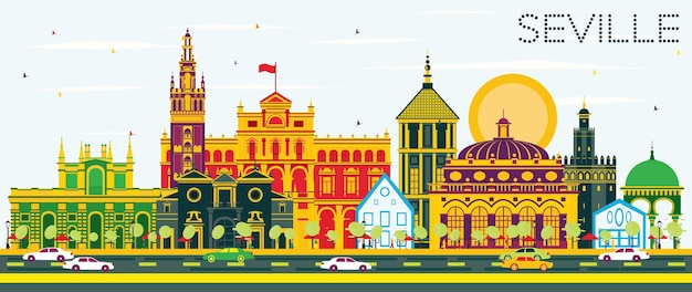 Seville Skyline with Color Buildings and Blue Sky. Vector Illustration. Business Travel and Tourism Concept with Historic Buildings. Image for Presentation Banner Placard and Web Site.