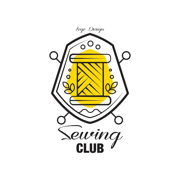 Sewing club logo design emblem with heraldic shield can be used for sewing shop knit club atelier sewing workshop vector illustration isolated on a white background