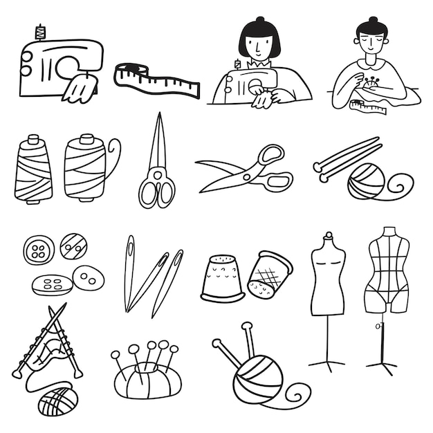 Sewing. Collection of outline vector icons. Hand drawn illustrations on white background.