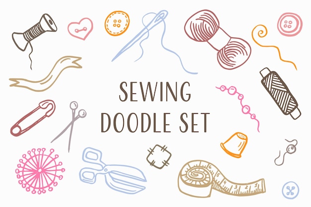 Sewing doodle icons set Vector outline illustration Tailoring background for logo web and print designs