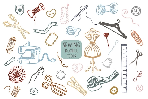 Sewing doodles hobby hand made icons vector set Vector outline illustration Tailoring background for logo web and print designs