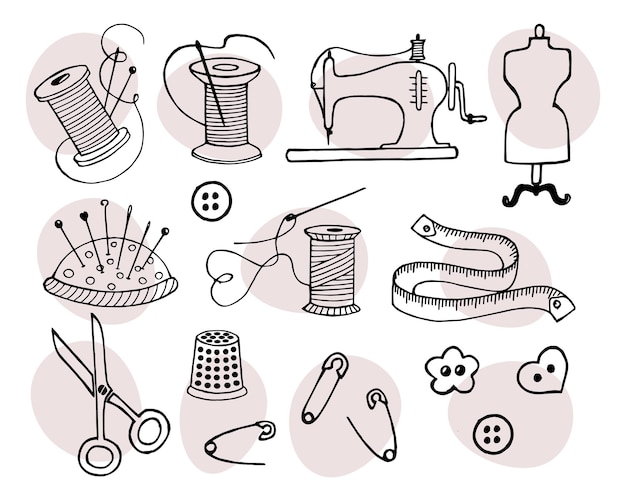 Sewing icons set, spools of threads. sewing machine, scissors. needles. Hand drawn line art, vector