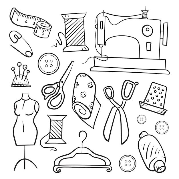 Sewing kit collection of doodles vector illustration