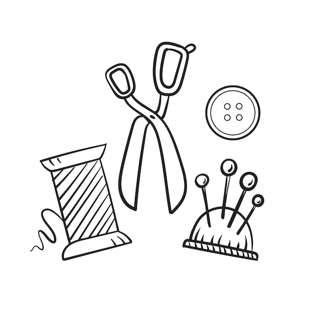 Sewing kit in doodle style Line vector illustration