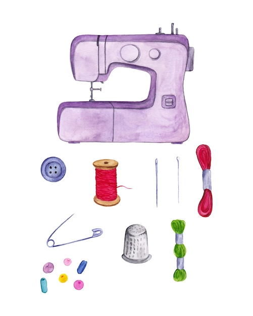 Набор для шитья, швейная машина, буловка, игла, нить, пуговица, бусины, изолированные на белом фоне, акварельная иллюстрация