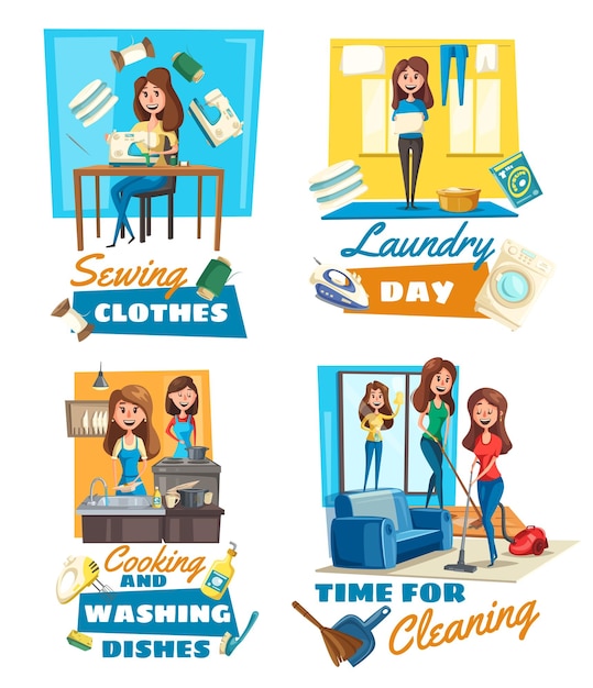 Vector sewing and laundry cooking cleaning service