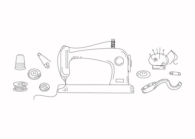 Sewing machine and sewing accessories doodle style vector