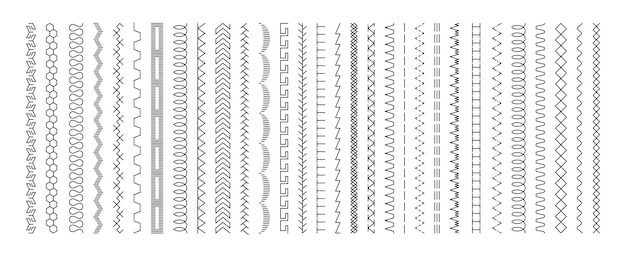 Vector sewing machine stitches stitching seam line textile embroidery stitch border binder seams thread stripe seamless pattern brushes vector set