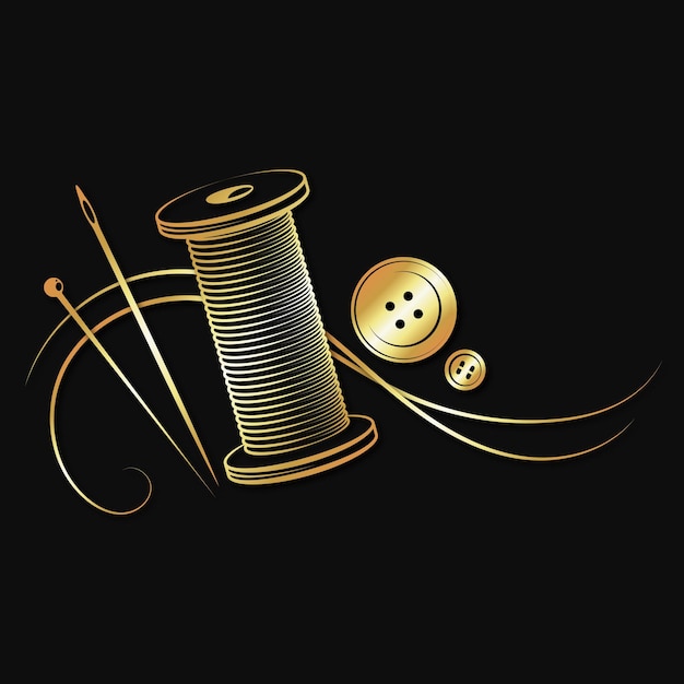 Швейная игла и катушка с золотым символом ниток