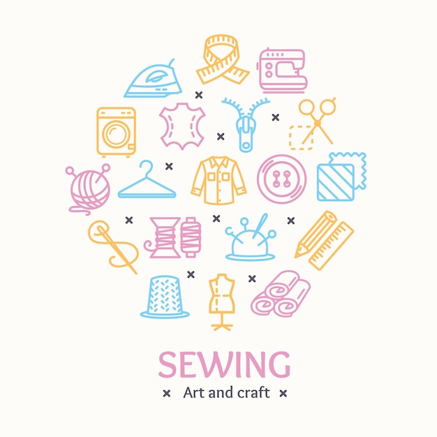 Sewing and Needlework Tools Color Round Design Template Line Icon Concept Vector