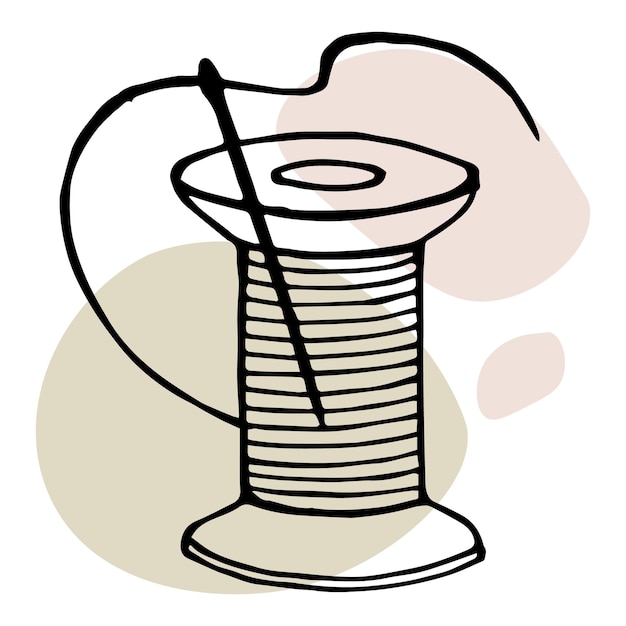 Sewing spool with thread and needle. Hand drawn line art, vector