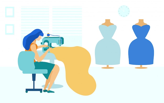 Vector sewing studio and young woman with sewing machine,